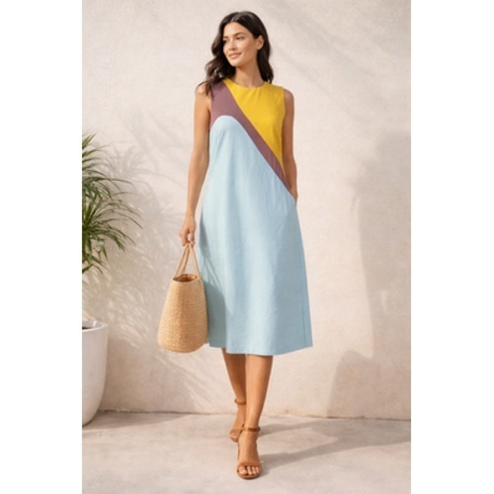 Hutch Dress Womens Medium Yellow Blue Colorblock Sleeveless Sheath Midi‎ Work